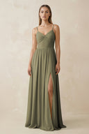 Thyme Spaghetti Strap Pleated A-Line Chiffon Bridesmaid Dress | KISSBRIDAL