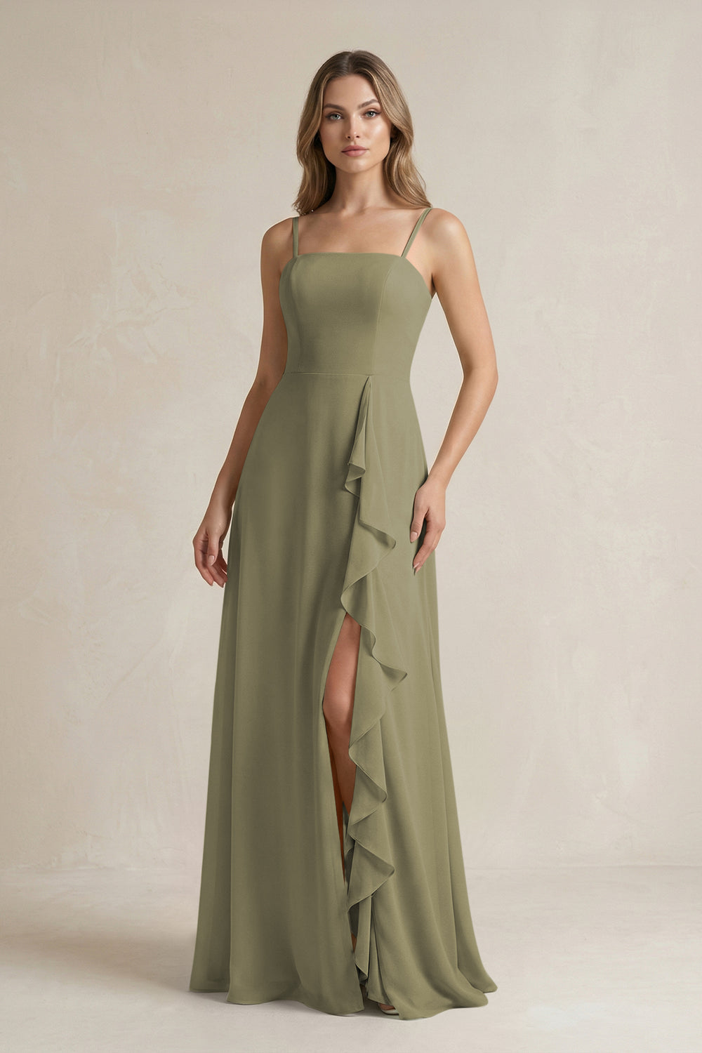 Spaghetti Strap Ruffled A-Line Chiffon Bridesmaid Dress in Thyme