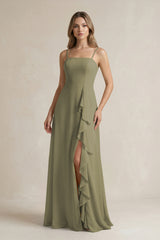 Thyme Spaghetti Strap Ruffled A-Line Chiffon Bridesmaid Dress | KISSBRIDAL