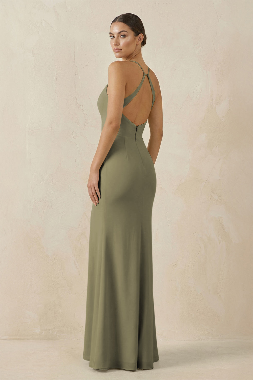 Spaghetti Strap Sheath Chiffon Bridesmaid Dress With Slit in Thyme