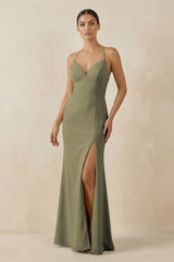 Thyme Spaghetti Strap Sheath Chiffon Bridesmaid Dress With Slit | KISSBRIDAL