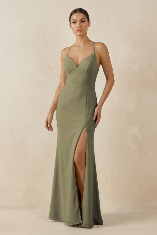 Thyme Spaghetti Strap Sheath Chiffon Bridesmaid Dress With Slit | KISSBRIDAL