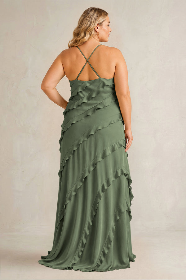 Thyme Spaghetti Straps Sheath Stain Ruffled Bridesmaid Dress (2) | KISSBRIDAL[sizeplus]