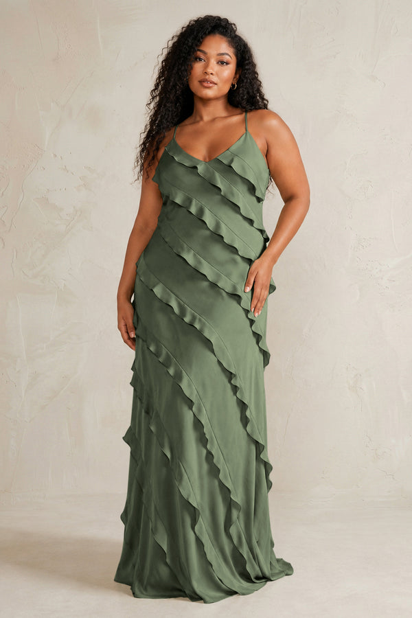 Thyme Spaghetti Straps Sheath Stain Ruffled Bridesmaid Dress (3) | KISSBRIDAL[sizeplus]