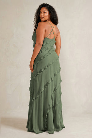 Thyme Spaghetti Straps Sheath Stain Ruffled Bridesmaid Dress (4) | KISSBRIDAL[sizeplus]