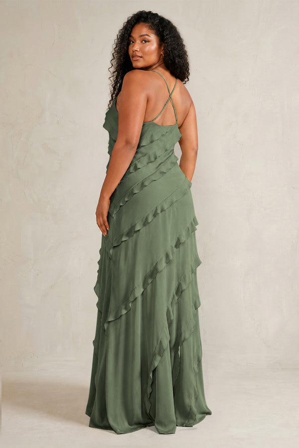 Thyme Spaghetti Straps Sheath Stain Ruffled Bridesmaid Dress (4) | KISSBRIDAL[sizeplus]
