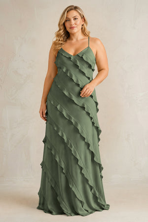 Thyme Spaghetti Straps Sheath Stain Ruffled Bridesmaid Dress | KISSBRIDAL[sizeplus]