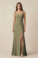 Thyme Square Neck A-Line Bridesmaid Dress With Slit | KISSBRIDAL