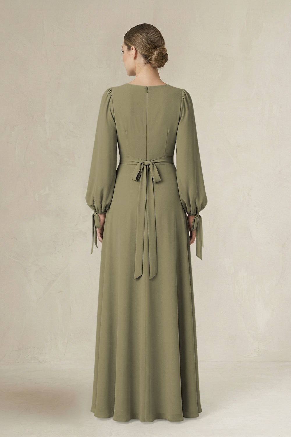 Square Neck Long Sleeve A-Line Chiffon Bridesmaid Dress in Thyme