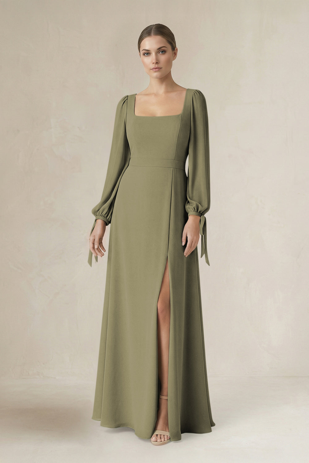 Square Neck Long Sleeve A-Line Chiffon Bridesmaid Dress in Thyme