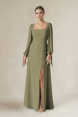 Thyme Square Neck Long Sleeve A-Line Chiffon Bridesmaid Dress in Thyme | KISSBRIDAL