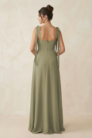 Thyme Square Neck Sheath Chiffon Bridesmaid Dress with Bow (2) | KISSBRIDAL