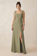Thyme Square Neck Sheath Chiffon Bridesmaid Dress with Bow | KISSBRIDAL