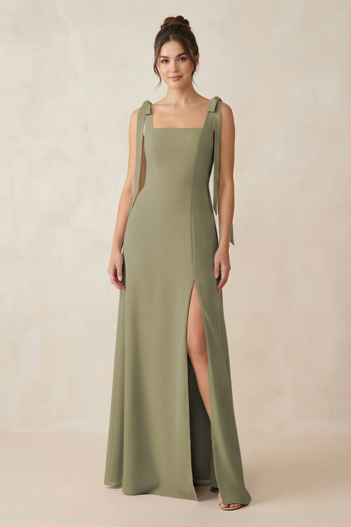 Thyme Square Neck Sheath Chiffon Bridesmaid Dress with Bow | KISSBRIDAL