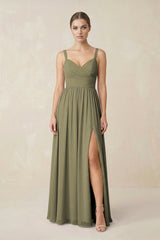 Thyme Sweetheart A-Line Chiffon Bridesmaid Dress with Slit in Thyme | KISSBRIDAL