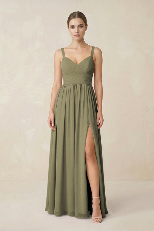 Thyme Sweetheart A-Line Chiffon Bridesmaid Dress with Slit in Thyme | KISSBRIDAL