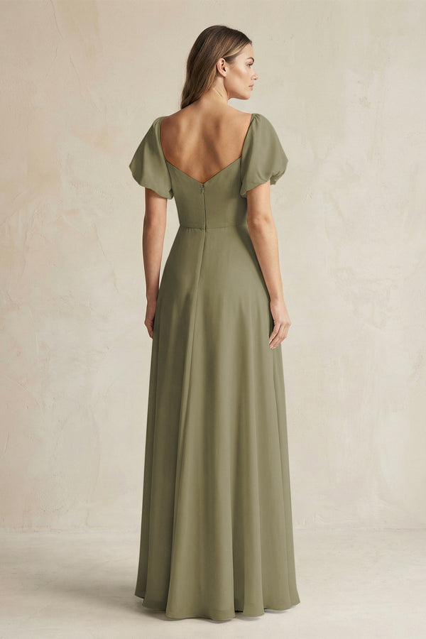 Thyme Sweetheart Puff Sleeve A-Line Chiffon Bridesmaid Dress (2) | KISSBRIDAL
