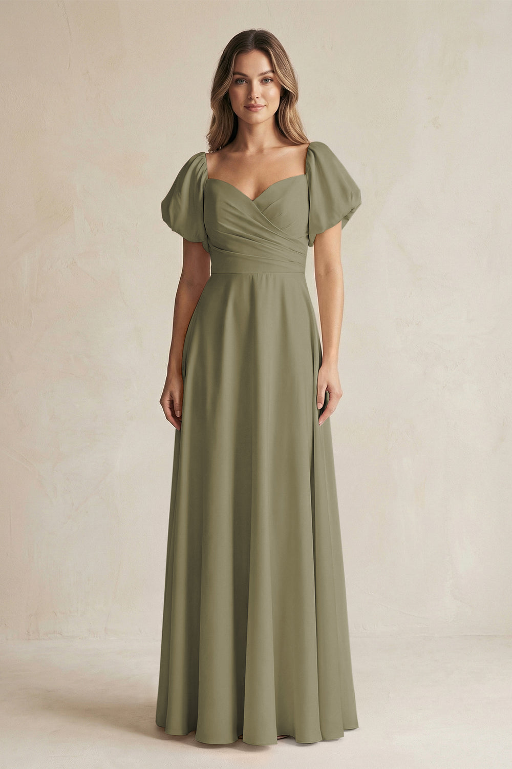 Sweetheart Puff Sleeve A-Line Chiffon Bridesmaid Dress in Thyme