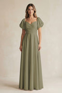 Thyme Sweetheart Puff Sleeve A-Line Chiffon Bridesmaid Dress | KISSBRIDAL