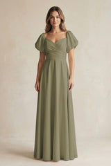 Thyme Sweetheart Puff Sleeve A-Line Chiffon Bridesmaid Dress | KISSBRIDAL