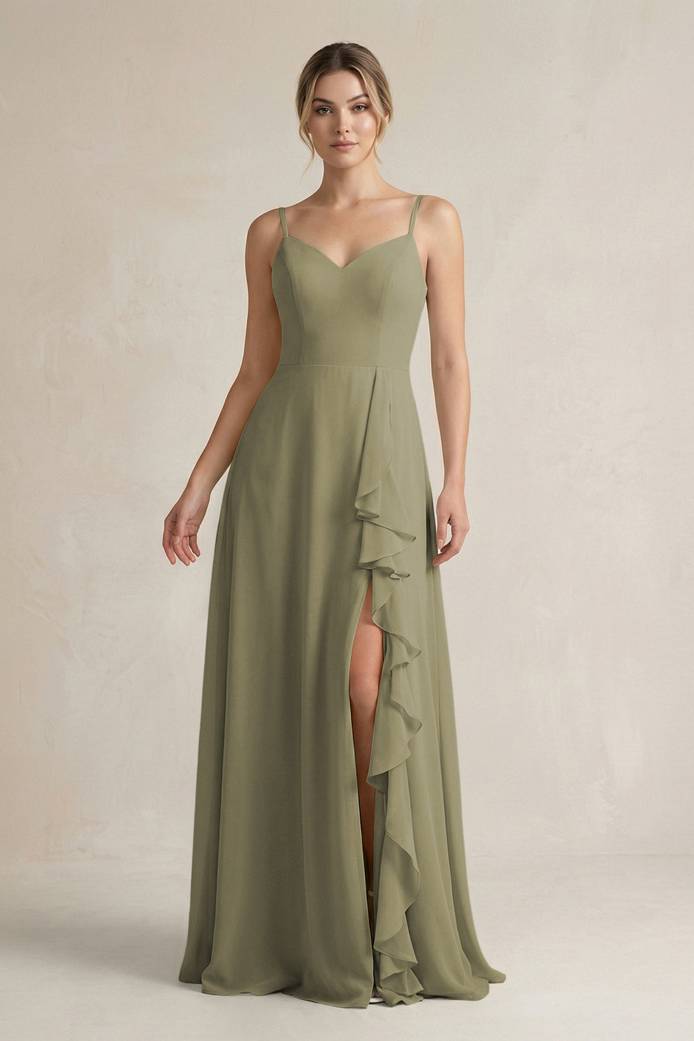 Sweetheart Ruffled A-Line Chiffon Bridesmaid Dress with Slit in Thyme