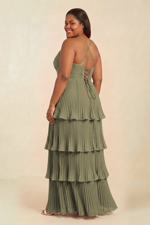 Thyme Tiered Pleated V-Neck A-Line Chiffon Bridesmaid Dress (2) [sizeplus] | KISSBRIDAL