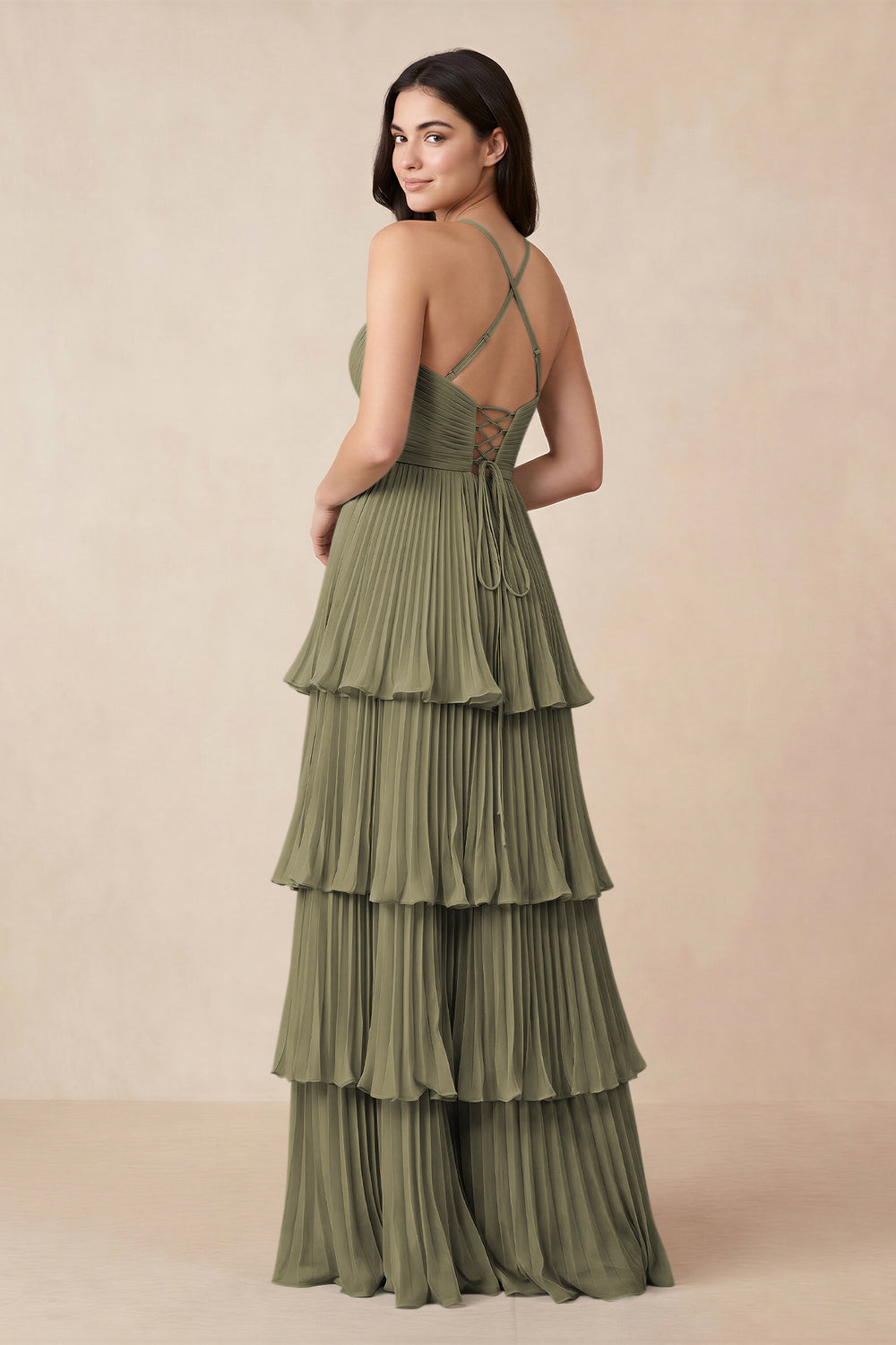 Tiered Pleated V-Neck A-Line Chiffon Bridesmaid Dress in Thyme