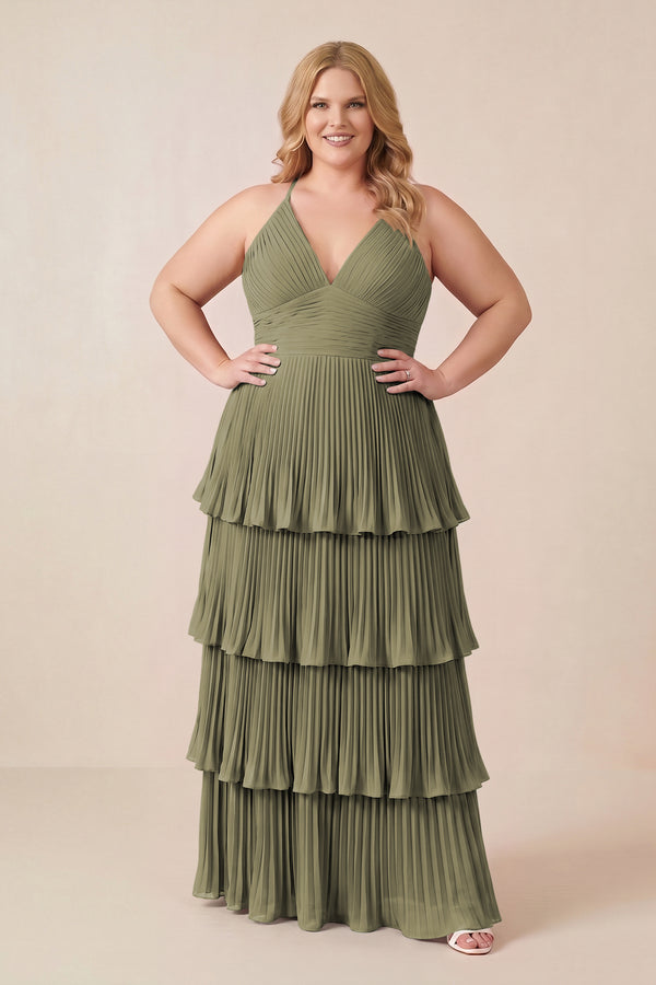 Thyme Tiered Pleated V-Neck A-Line Chiffon Bridesmaid Dress (3) [sizeplus] | KISSBRIDAL