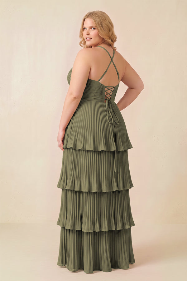 Thyme Tiered Pleated V-Neck A-Line Chiffon Bridesmaid Dress (4) [sizeplus] | KISSBRIDAL