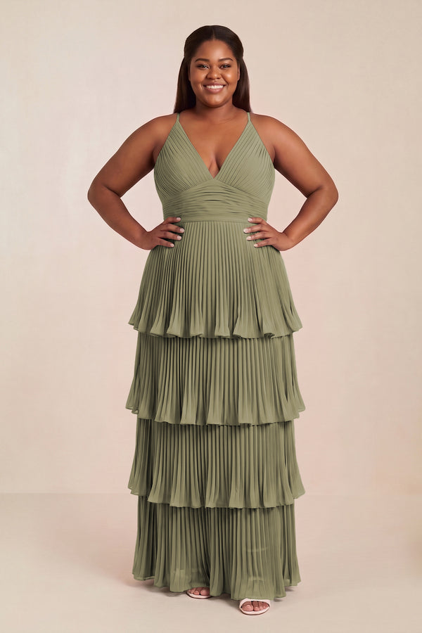 Thyme Tiered Pleated V-Neck A-Line Chiffon Bridesmaid Dress [sizeplus] | KISSBRIDAL