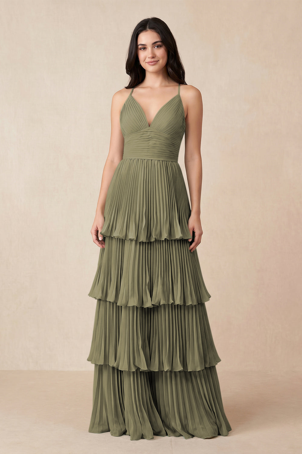Tiered Pleated V-Neck A-Line Chiffon Bridesmaid Dress in Thyme