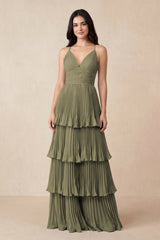 Thyme Tiered Pleated V-Neck A-Line Chiffon Bridesmaid Dress | KISSBRIDAL