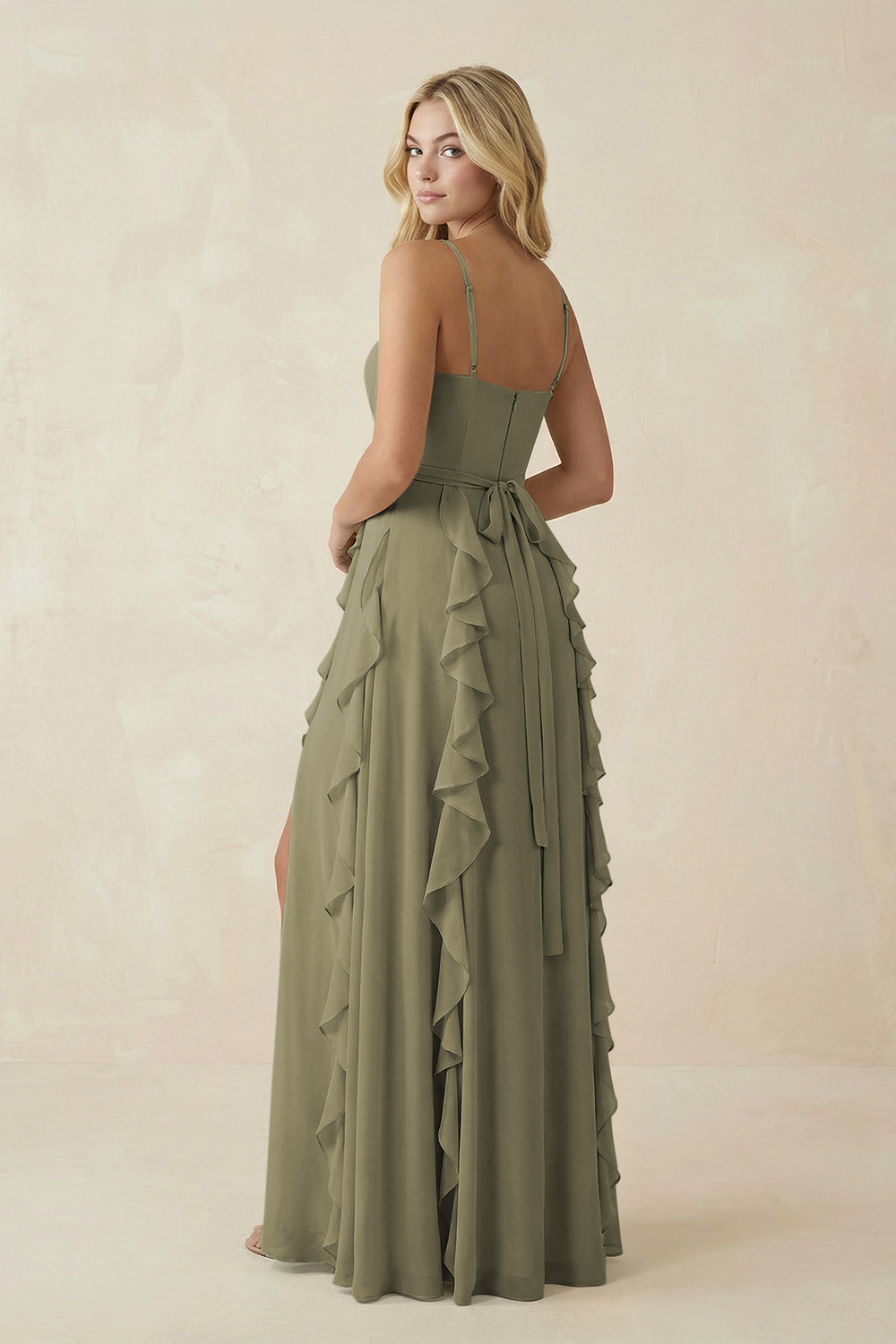 Tiered Ruffle A-Line Chiffon Bridesmaid Dress in Thyme
