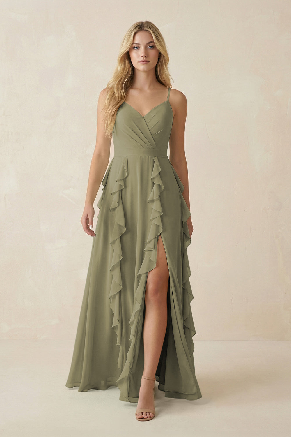 Tiered Ruffle A-Line Chiffon Bridesmaid Dress in Thyme