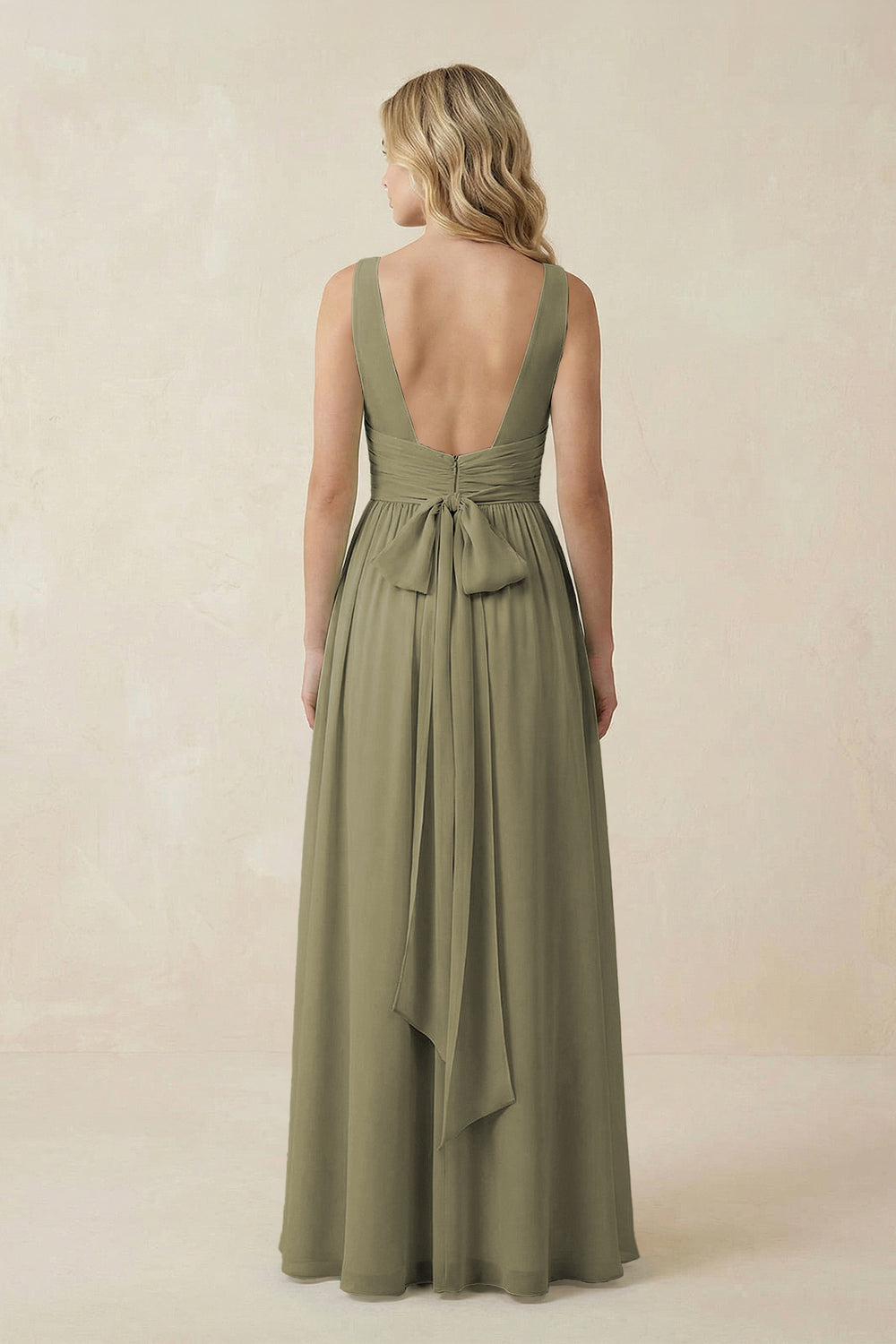 V-Neck A-Line Bridesmaid Dress with Back Bow in Thyme