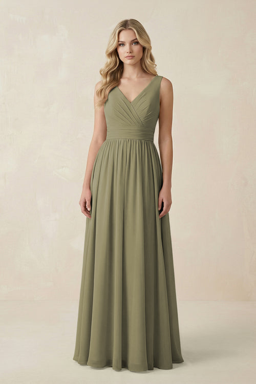 Thyme V-Neck A-Line Bridesmaid Dress with Back Bow | KISSBRIDAL