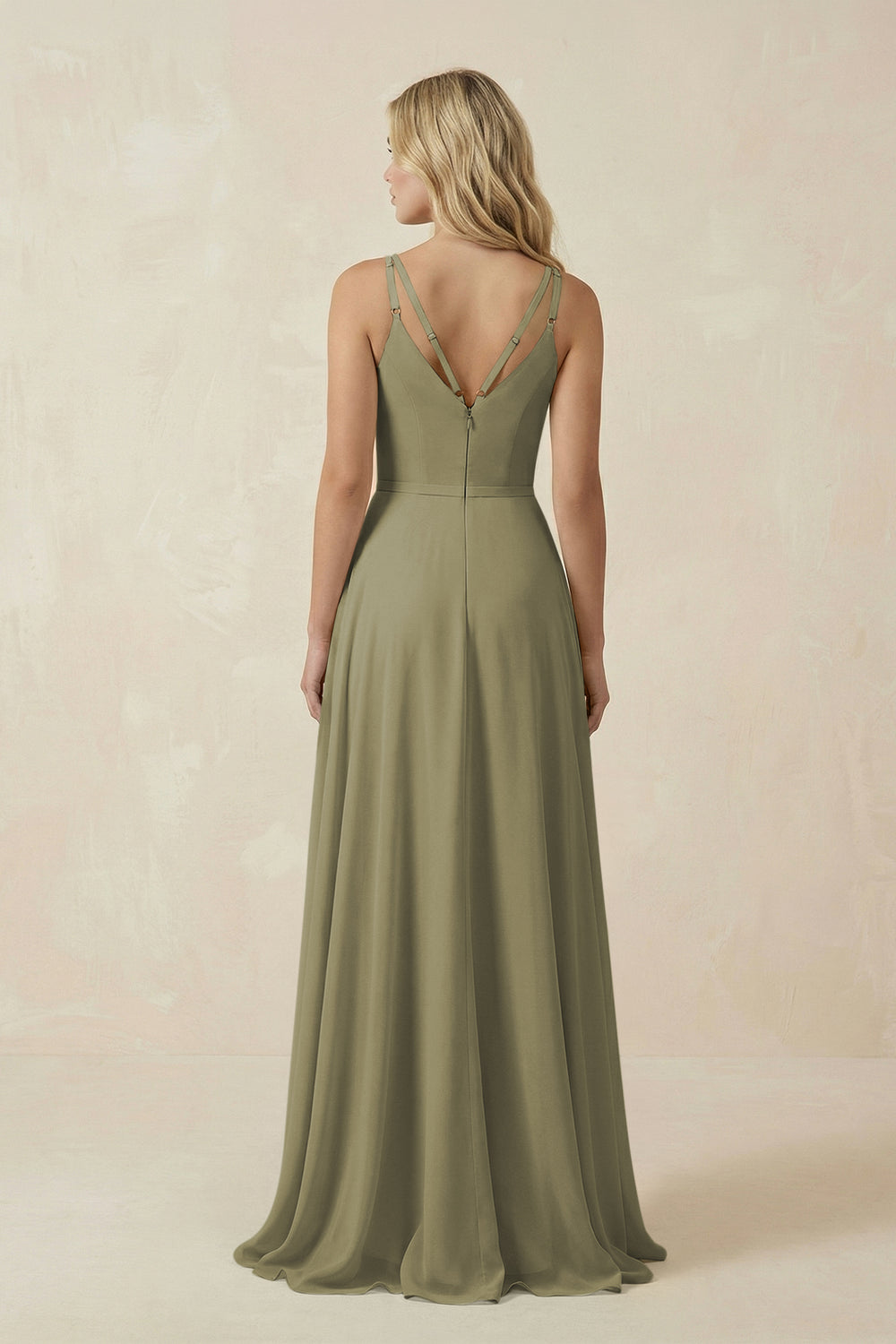 V-Neck A-Line Chiffon Bridesmaid Dress with Crisscross Back in Thyme