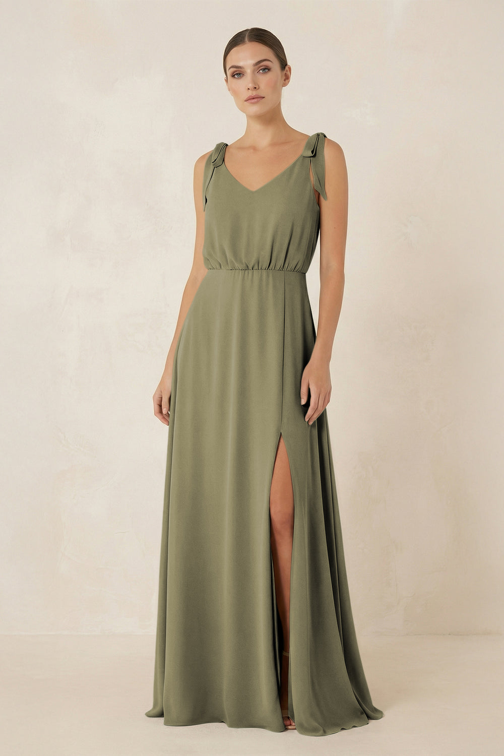 V-Neck A-Line Chiffon Bridesmaid Dress in Thyme