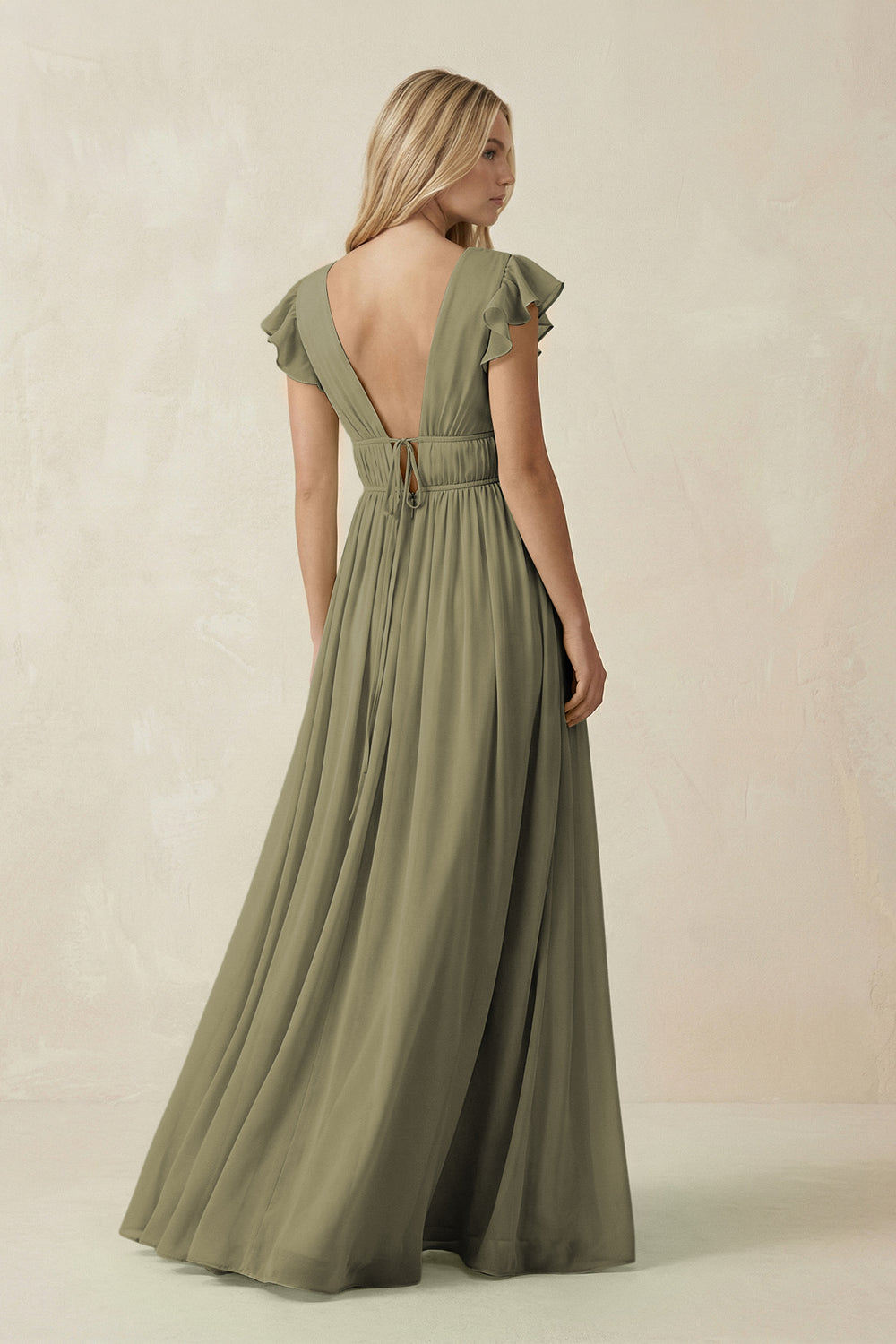 V-Neck A-Line Chiffon Cap Sleeves Bridesmaid Dress in Thyme