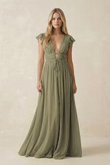 Thyme V-Neck A-Line Chiffon Cap Sleeves Bridesmaid Dress | KISSBRIDAL
