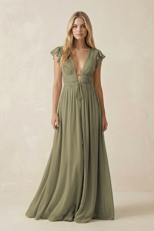 Thyme V-Neck A-Line Chiffon Cap Sleeves Bridesmaid Dress | KISSBRIDAL