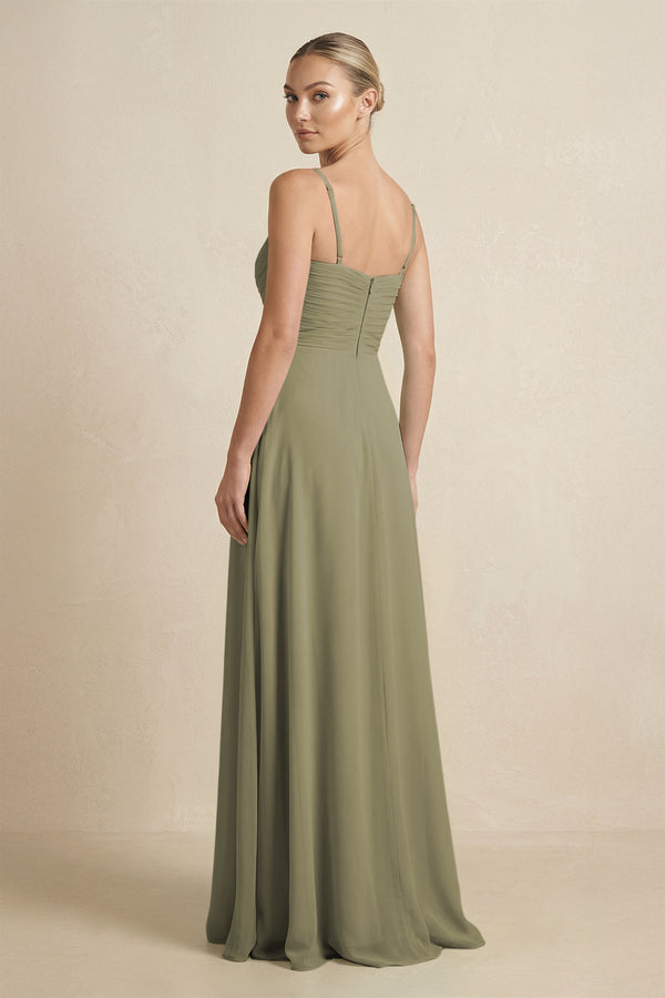 Thyme V-Neck A-Line Chiffon Pleated Bridesmaid Dress (2) | KISSBRIDAL