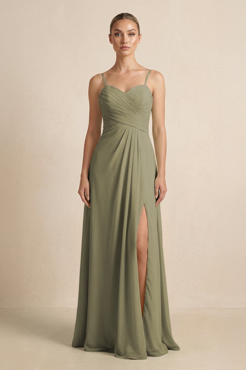 V-Neck A-Line Chiffon Pleated Bridesmaid Dress in Thyme