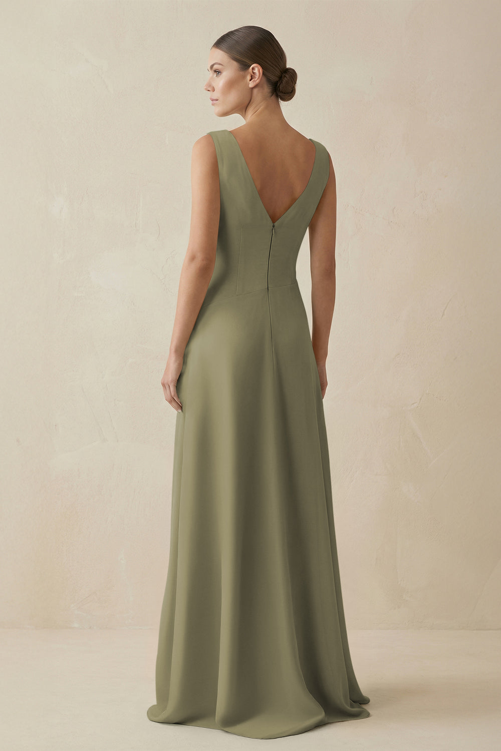 V-Neck A-Line Chiffon Ruffled Bridesmaid Dress in Thyme
