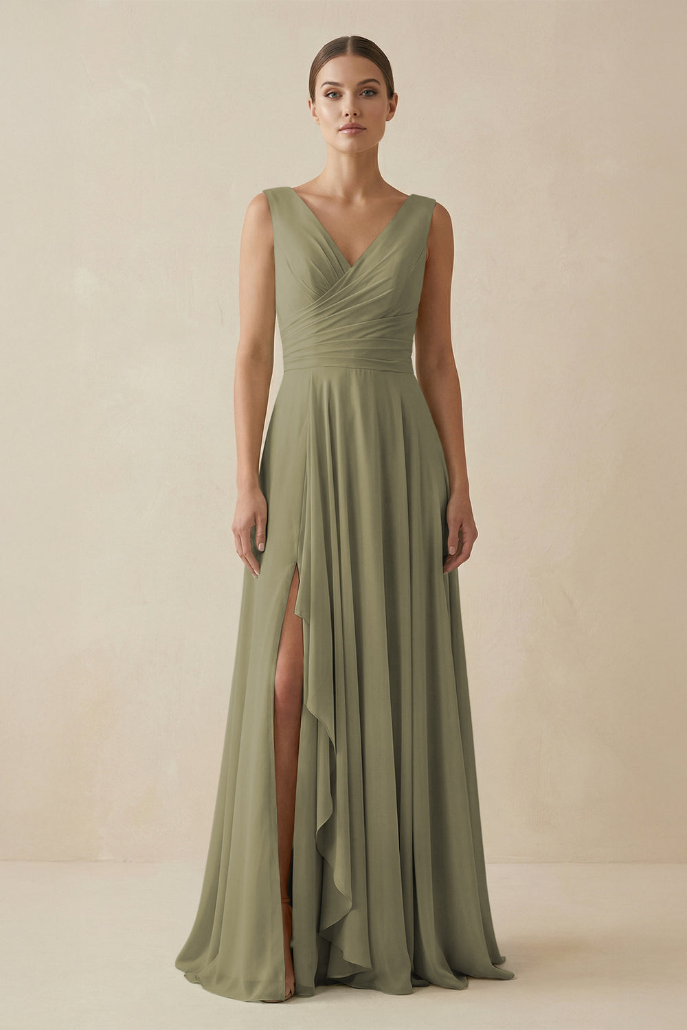 V-Neck A-Line Chiffon Ruffled Bridesmaid Dress in Thyme