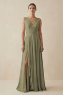 Thyme V-Neck A-Line Chiffon Ruffled Bridesmaid Dress | KISSBRIDAL