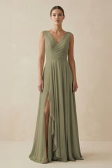 Thyme V-Neck A-Line Chiffon Ruffled Bridesmaid Dress | KISSBRIDAL