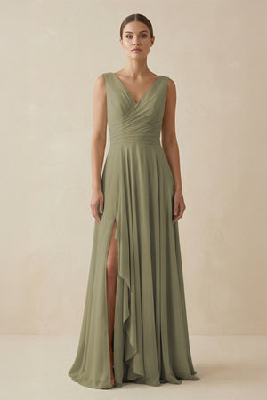 Thyme V-Neck A-Line Chiffon Ruffled Bridesmaid Dress | KISSBRIDAL