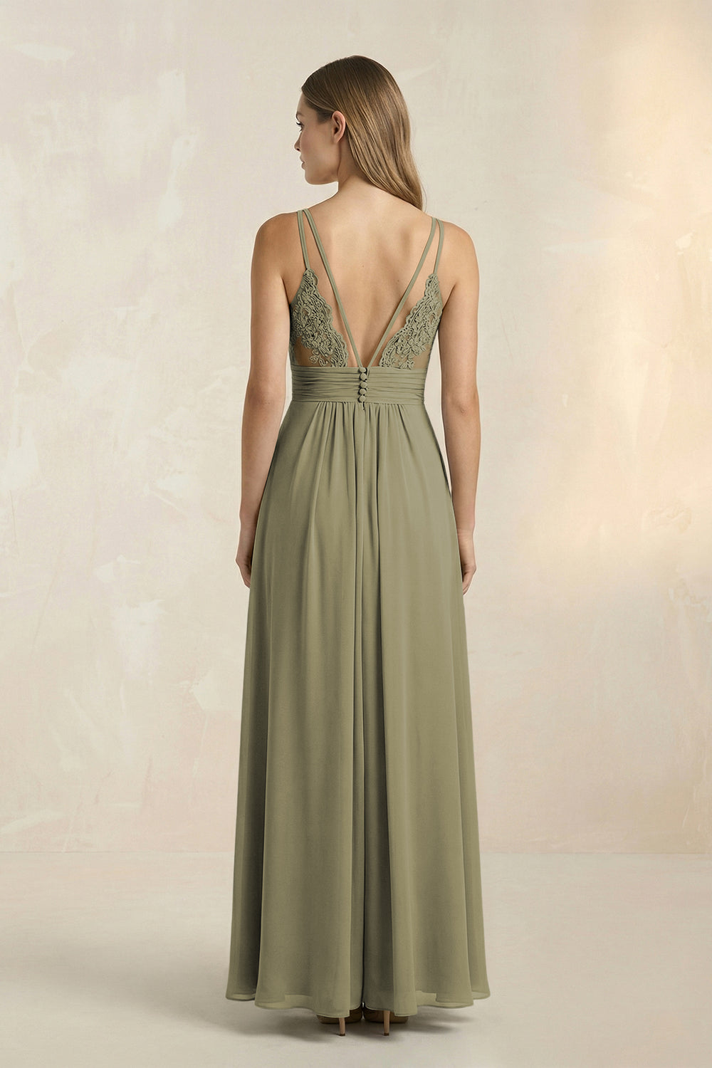 V-Neck A-Line Pleated Chiffon Bridesmaid Dress in Thyme
