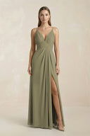 Thyme V-Neck A-Line Pleated Chiffon Bridesmaid Dress | KISSBRIDAL